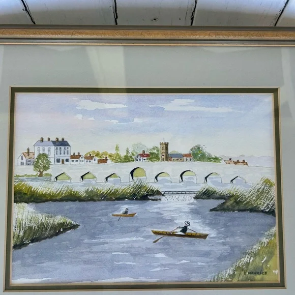 Framed Watercolor Painting fo a European Town, Rowboats by the Bridge - Picture 2 of 8